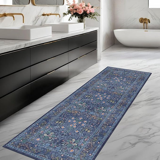 Dark Blue Washable 2x7 Runner Rug Non Slip - Stain Resistant 7ft Long Rug Runners for Bathroom, Kitchen, Entryway, Hallway, Bedroom Bedside - Low Pile Dusky Navy Vintage Floral Décor
