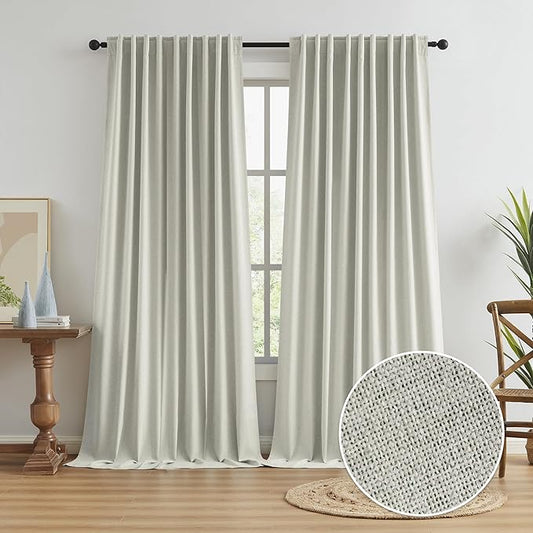 KEQIAOSUOCAI 102 Inch Linen Blackout Curtains for Ceiling Track System Back Tab, Loop Pocket Curtains 72 Inch Wide Drapes for Patio Sliding Glass Door, Greyish Beige,W72 x L102, 2 Panels