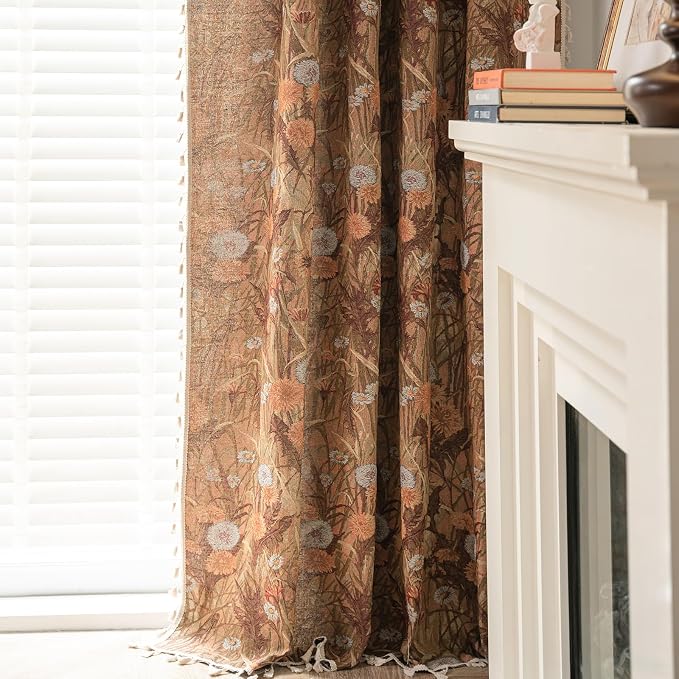 ENJOYBRIDAL Dandelion Curtains 63 Inches Long Bedroom Boho Drapes Short Semi Sheer Jacquard Rod Pocket Window Curtain Panels Vintage Living Room 2 Panels Decorative Tassel Farmhouse Window Treatments