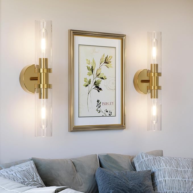 Rayogale Glass Battery Operated Wall Sconce Set of 2, Rechargeable Wireless Wall Lights Remote Control, 8000mAh Not Hardwired Timer Dimmable Wall Lamps for Living Room Bedroom Entryway Gold 16.5 Inch