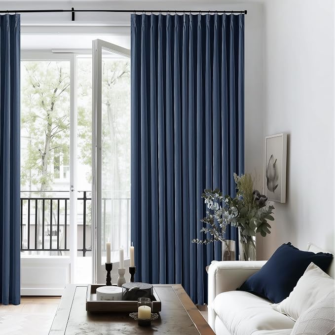 Indigo Navy Pleated Linen Blackout Curtains 90 Inches Long for Bedroom Living Room Pinch Pleat Black Out Thermal Insulated Ring Hooks Back Tab Room Darkening Drapes Dark Blue Curtains with Liner