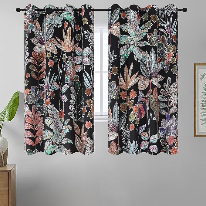 Estelar Textiler Leaves Patterned Window Treatment Curtains 63 Inch Length Drapes for Bedroom,Energy Efficient Grommet Thermal Insulated Vintage Curtains for Living Room,52Wx63L,Black,2 Panels