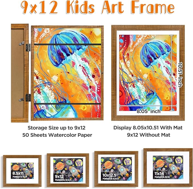 KINLINK 9x12 Kids Art Frame 2 Pack, Solid Wood Artwork Frames Changeable, Front Opening Hold 150 Pictures, Art Frames for Kids Artwork, 8.5x11 with Mat 9x12 without Mat, Picture Frames Teak