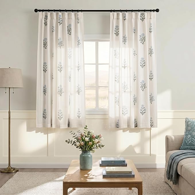 63 Inch Length Floral Linen Curtains for Living Room, Blue and Green Vintage Farmhouse Pattern Pinch Pleated Light Filtering Semi Sheer Drapes for Bedroom Dining Room 2 Panel Set