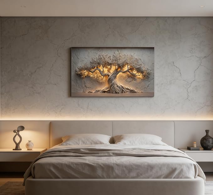 ZAWUDVC Large Tree of Life Wall Art, Neutral Nature Big Tree Botanical Canvas Print Poster, Rustic Stone Wall Decor for Living Room Bedroom Hotel, Earth Tone,