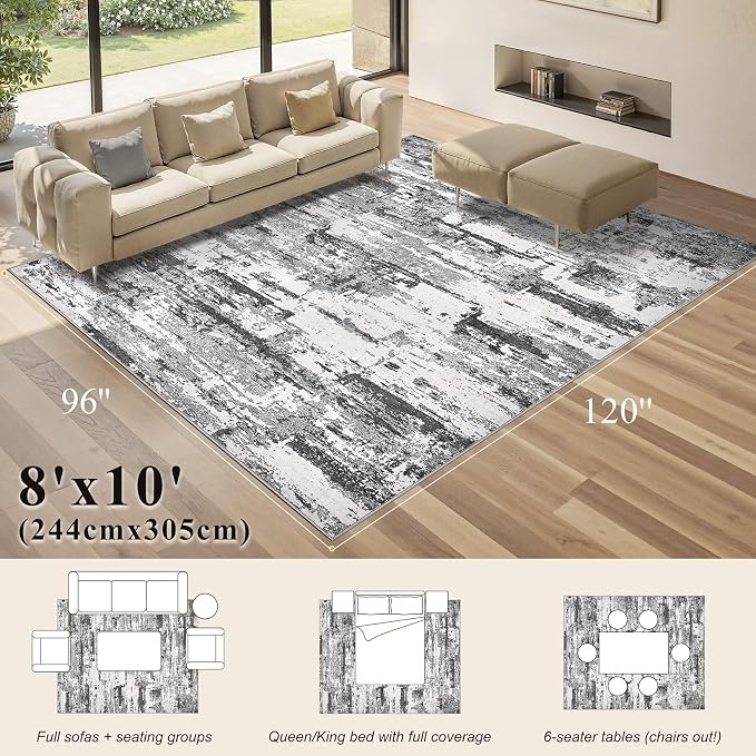 Area Rugs 8x10 Living Room: Washable Large Abstract Modern Neutral Soft Rug Stain Resistant Non-Slip Backing Carpet for Bedroom Dining Room Indoor Nursery Dorm Home Office Decor - Black Grey