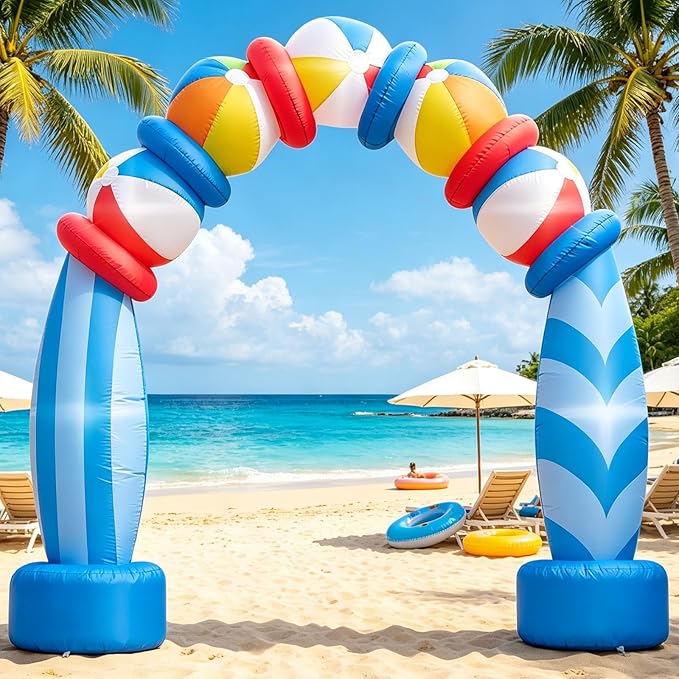 7.6FT Beach Ball Surfboard Blow Up Archway, Summer Outdoor Inflatable Decorations with LED Lights, Tropical Inflatable Decoration for Summer Party Backyard Pool Luau Beach Birthday Outdoor Event