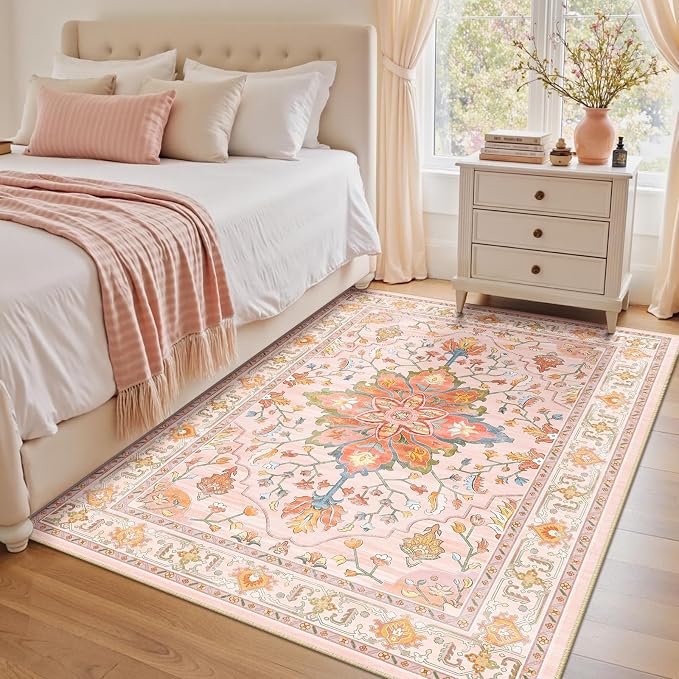 RELEANY Area Rugs 4'x5' Washable Non-Slip, Floral Vintage Distress Medallion Carpet for Living Room Bedroom Dining Room, Light Pink Colorful