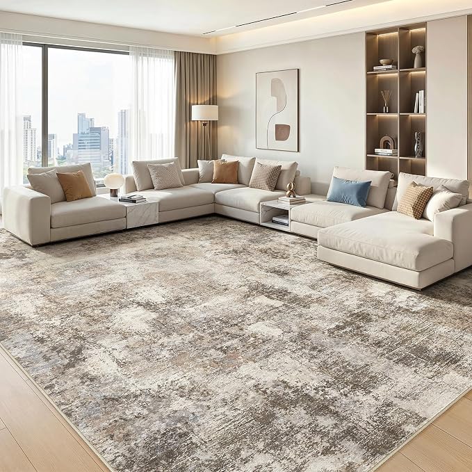 WITSHOCK Area Rugs 12x14 Living Room Rug - Washable Neutral Soft Low Pile Non-Slip Modern Abstract Thin Large Indoor Carpet for Bedroom Dining Room Nursery Office - Dark Brown