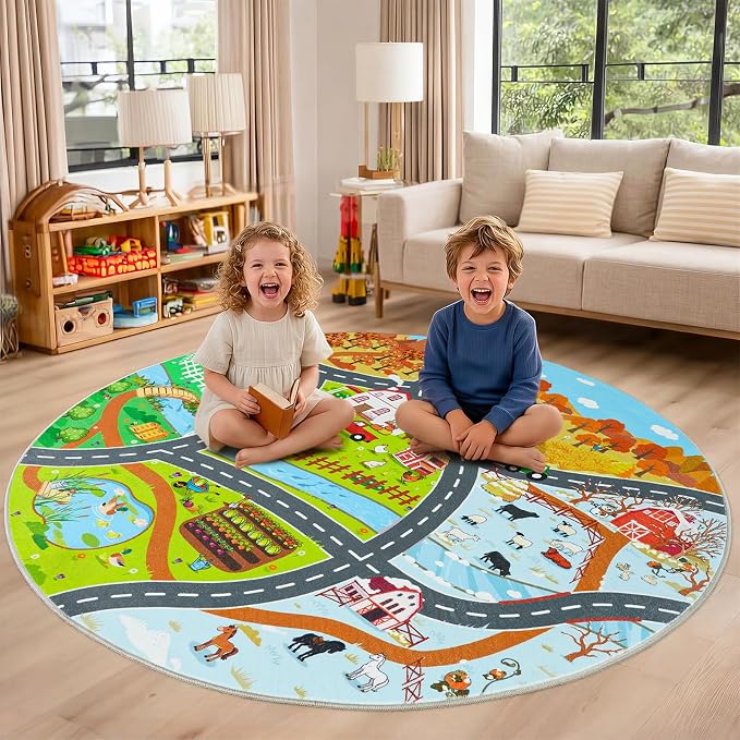 Kids Car Rug Play Mat for Toy Cars, Round 47" Town Country Barn Track Four Seasons Farm Traffic Carpet, Non-Slip Washable Area Rug for Kids Room Bedroom Play Area, Fun Learning Rugs for Children