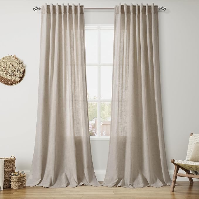 Nanspring 108 Inch Long Curtains for Living Room Cobblestone Linen Blend Light Filtering Semi Sheer Curtain Back Tab Modern Farmhouse Decor Floor to Ceiling High Window for Bedroom 52x108, 2 Panels
