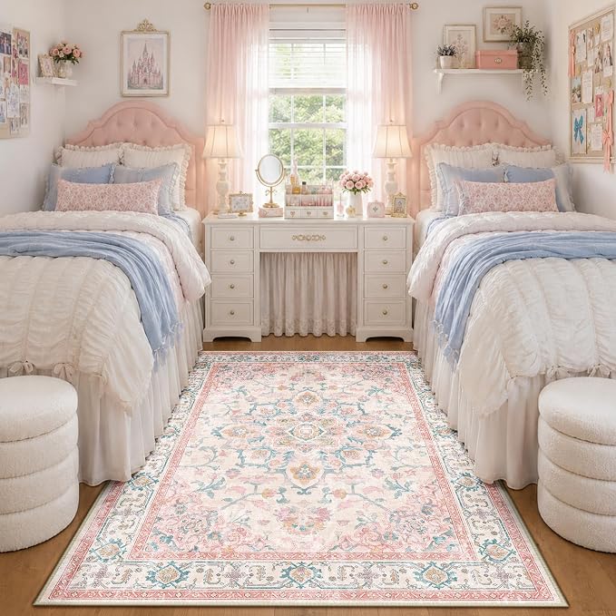CAPALOCA Machine Washable Rugs Nursery Rug 4x6 Cute Girl Non Slip Low Pile Water Repellent Soft Print Pattern for Bedroom Indoor Decor Kids Playroom Pink Teal