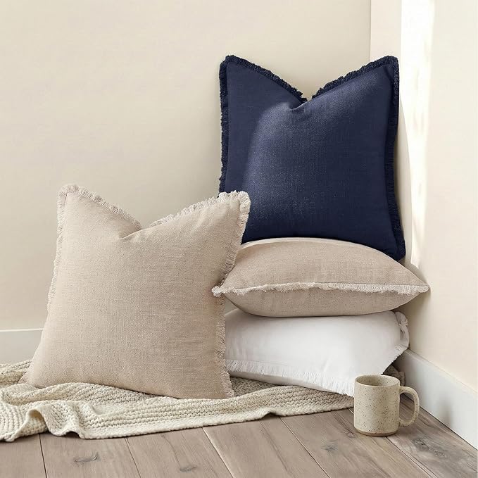 decorUhome Summer Decorative Neutral Linen Fringe Euro Sham Throw Pillow Covers Set of 2 Navy Blue Pillow Covers with Tassels Soft Farmhouse Boho Accent Pillow Cases for Couch Bed Sofa 24x24 Inch