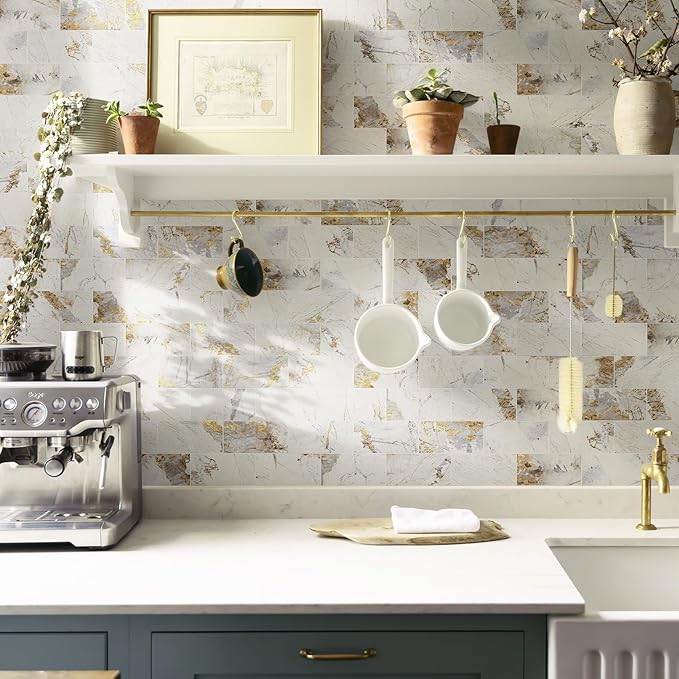 Vamos Tile 100-Piece Peel and Stick Backsplash Seamless Tile,3''x6'' Glossy Pandora Marble with Gold Veining PVC Subway Tile,Stick on Backsplash for Kitchen/Bathroom/Laundry Room