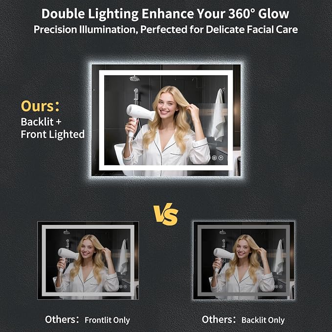 30"x42" LED Bathroom Mirror with Lights for Vanity, Anti-Fog & Dimmable 3-Color, Stepless Brightness Adjustable Wall Mounted Mirror for Bathroom Makeup Shaving