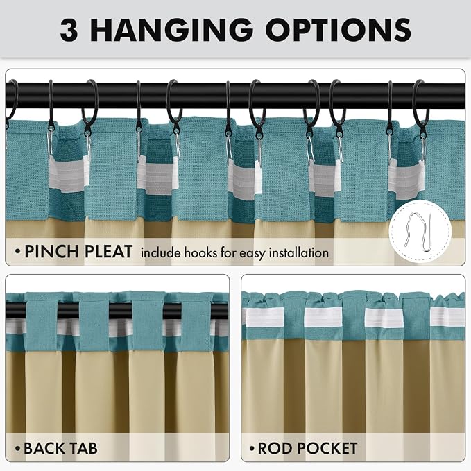 MIULEE 100% Blackout Linen Curtains for Bedroom, Teal Solid Luxury Decor Thermal Insulation Room Darkening Drapes for Living Room Back Tab Rod Pocket 42 x 63 Inches, 2 Panels