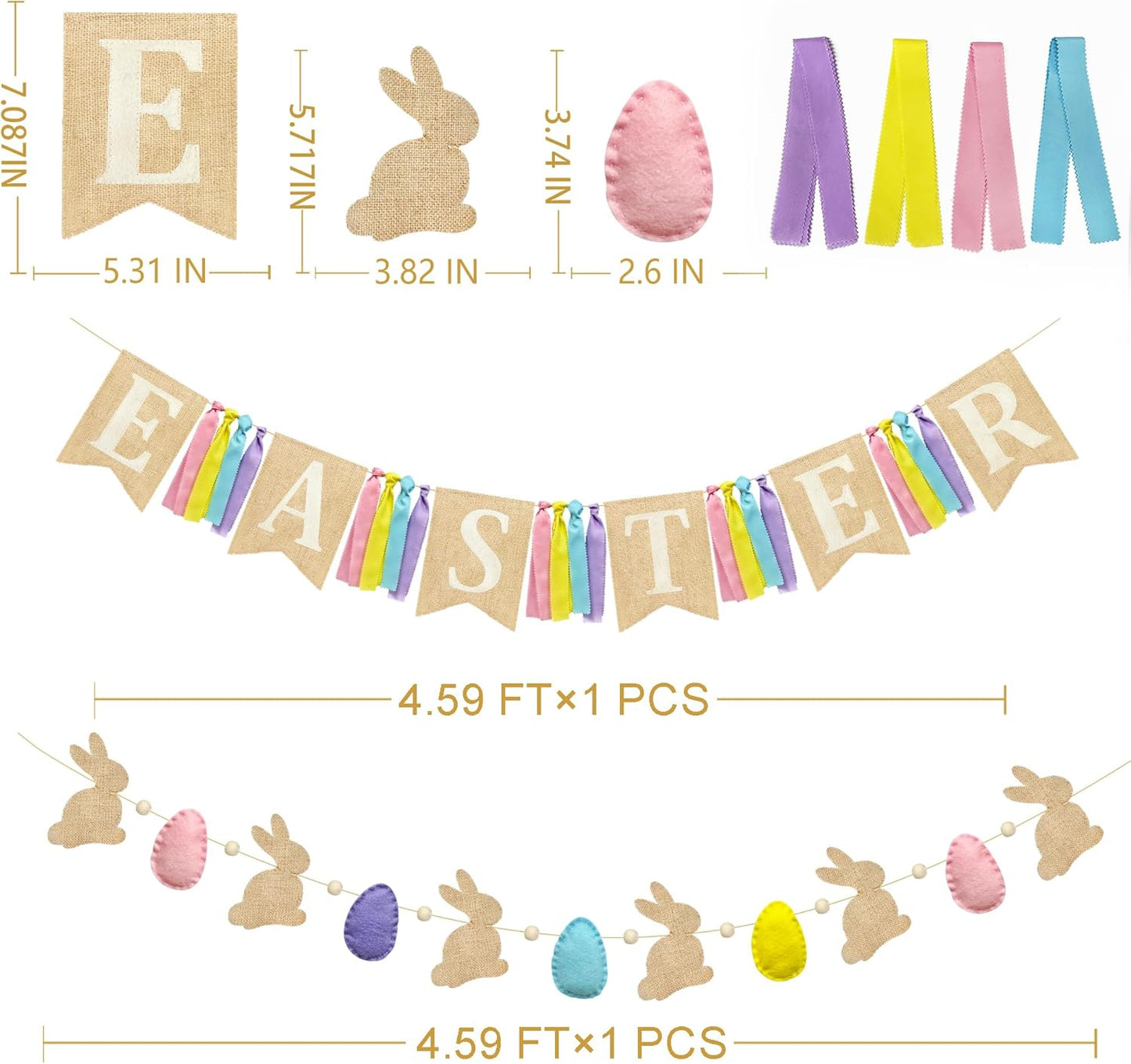 Easter Party Decorations Burlap Rabbit Bunny 3D Felt Egg with Wood Beads Garland Felt Easter Sign Burlap Pennant Banner Flag with Pastel Ribbon for Easter Spring Birthday Baby Shower Party Supplies