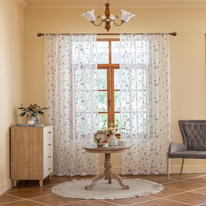 AmHoo 2 Panels Embroidered Leaf Pattern Semi Sheer Curtains Foliage Floral Voile Window Draperies Treatment for Bedroom Living Room Rod Pocket White Light Gray 53 x 84 Inch