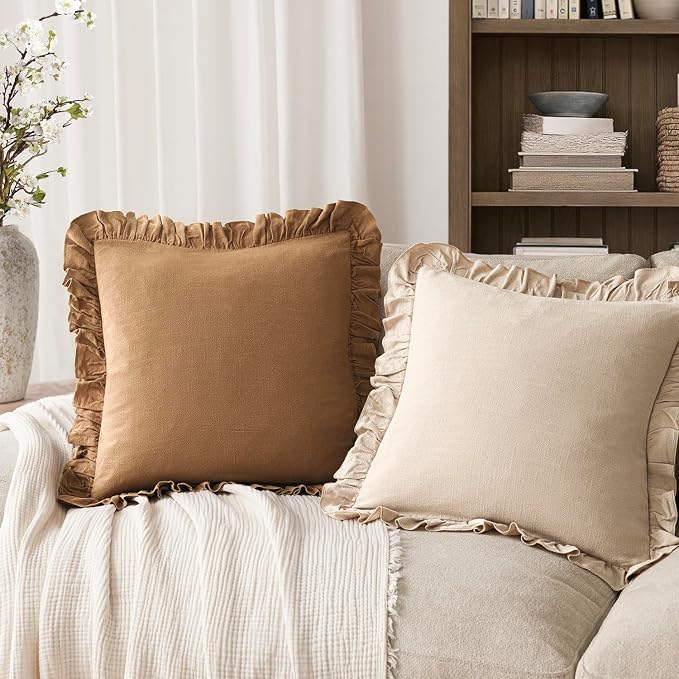 Foindtower Set of 2 Decorative Soild Fringe Ruffle Throw Pillow Covers Soft Boho Farmhouse Cushion Cover Cozy Accent Retro Pillowcase for Couch Sofa Bed Living Room Home Decor,18×18 Inch,Orange Brown