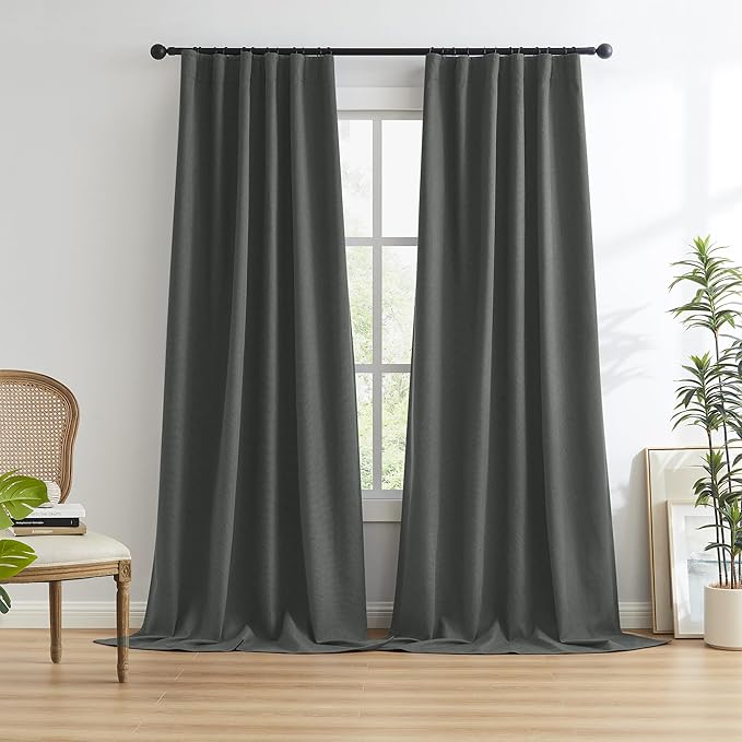 KEQIAOSUOCAI Full Blackout Curtains Dark Grey 102 Inches Long 2 Panels Set, Extra Long Back Tab Rod Pocket Linen Curtains, Floor to Ceiling Curtains for Bedroom Dining Room,1 Pair, 50W x 102L