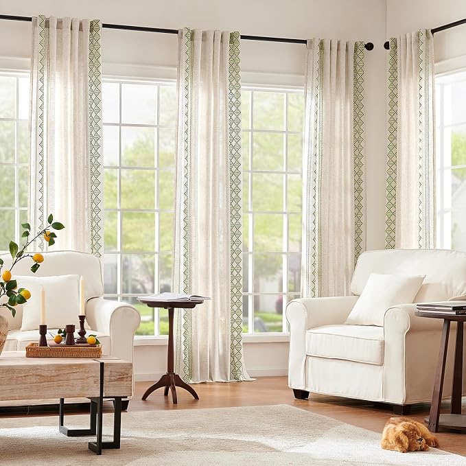 jinchan Boho Curtains Linen Blend Beige Farmhouse Curtains 96 Inches Long for Living Room Sage Green Square Embroidered Bordered Back Tab Bedroom Window Light Filtering Bohemian Drapes 2 Panels