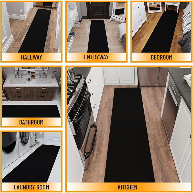 Ottomanson Aisle Runner Rug – Non-Slip Low Pile Carpet Runner for Long Hallways & Corridors, Stain Resistant & Easy to Clean, Solid Black, 1'10.5" x 20'