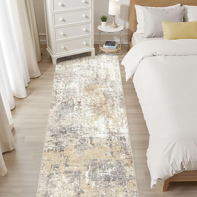 Runner Rug Kitchen Washable Rugs: 2x5 Non-Slip Abstract Soft Modern Stain Resistant Indoor Floor Neutral Accent Throw Carpet for Hallway Bathroom Laundry Room Entryway Bedroom- Gray Gold