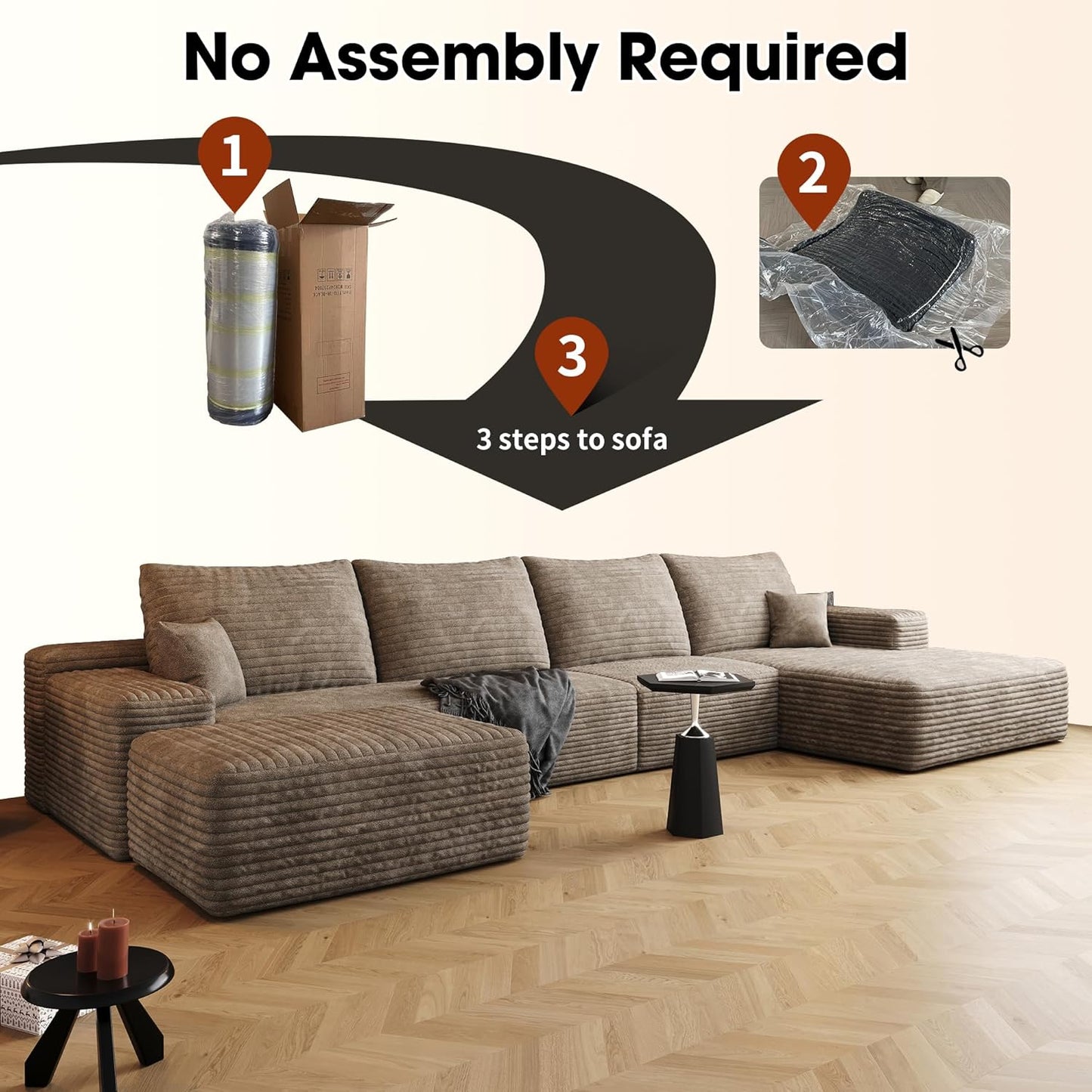 136" Sectional Couches for Living Room Modern Modular Sofa with L-Shape Couchs Upholstered Boneless Couch Deep Seat Sectional Couch with Chaise (Camel, Right Facing Chaise+3Seaters+Ottoman)