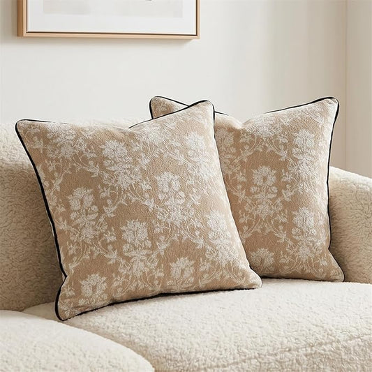 18x18 Inch Vintage Vine Floral Pillow Covers Set of 2, Boho Woven Cushion Cases with Velvet Backing and Corded Piping for Couch Sofa Home Decor, Light Brown