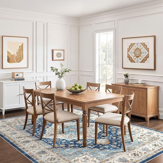 6x8 Area Rug Living Room: Washable Boho Large Neutral Vintage Soft Rugs Stain Resistant Farmhouse Non-Slip Indoor Floor Retro Carpet for Bedroom Nursery Kids Office Dining Room- Navy Beige