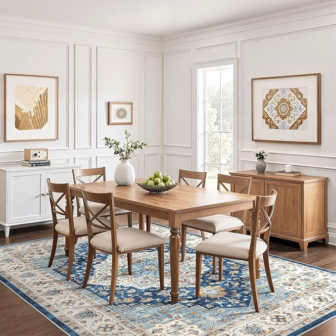 7x10 Area Rug Living Room: Washable Boho Large Neutral Vintage Soft Rugs Stain Resistant Farmhouse Non-Slip Indoor Floor Retro Carpet for Bedroom Nursery Kids Office Dining Room- Navy Beige