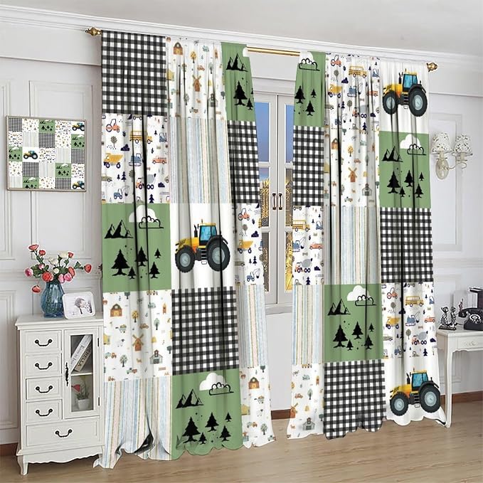Cartoon Car Blackout Curtain,Kids Construction Truck Tractor Grid Stripes Farm Rustic Curtains Dining Room Living Room Kitchen Cafe Bedroom Office Nursery Drapes,84x84 in