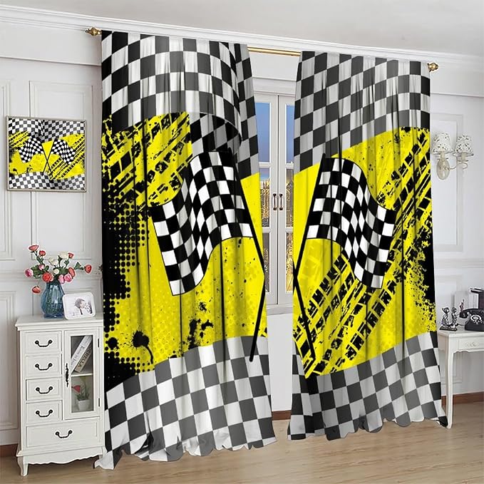 Race Car Window Curtains,Kids Teens Boys Checkered Flag Game Theme White Black Yellow Window for Dining Room Office Living Room Kitchen Bedroom Cafe Drapes, 72x63 in