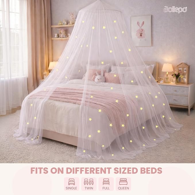 Bollepo Bed Canopy for Girls Bed with Glowing Stars - Princess Room Decor, Ceiling Net to Cover Toddler | Full, Twin Size Kids Bed, Fire Retardant Fabric (White - Stars)