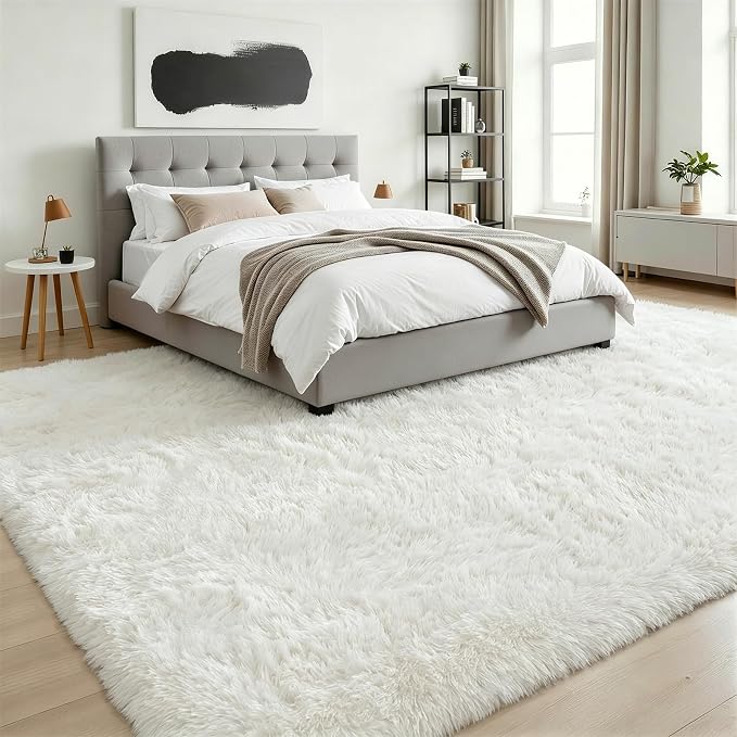 Fluffy Area Rugs 9x12 Living Room Bedroom: Ultra Soft Shag Rug Upgrade Non-Slip Non-Shedding Large Fuzzy Plush Carpet Indoor Floor Carpets for Kids Room Playroom Nursery Dorms Home Decor Ivory