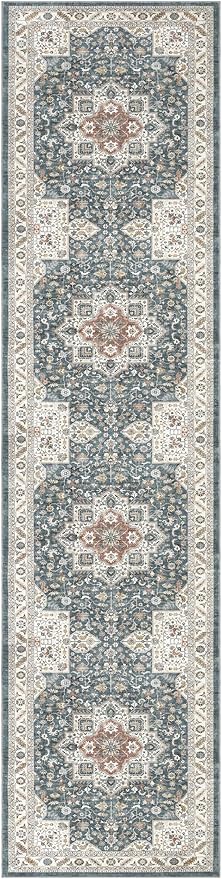 Vintage Hallway Runner Rug 3x12: Large Soft Washable Entryway for Kitchen Laundry Room Non-Slip Backing Runner for Entrance Living Room Bedroom Bathroom - Vintage Blue