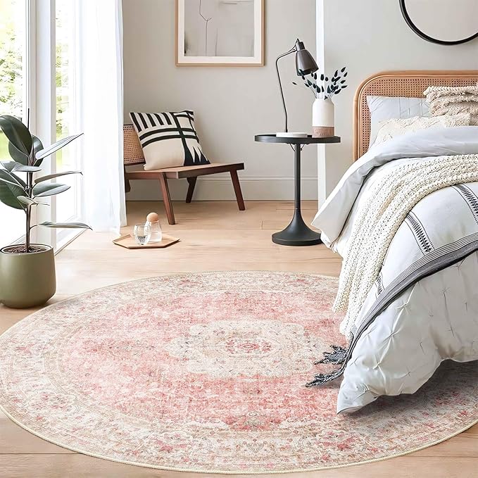 Pink Round Rug 5ft, Circle Boho Area Rugs for Bedroom Living Room,Washable Vintage Bohemian Distressed Oriental Floral Carpet Non Slip,Blush 5'x5'