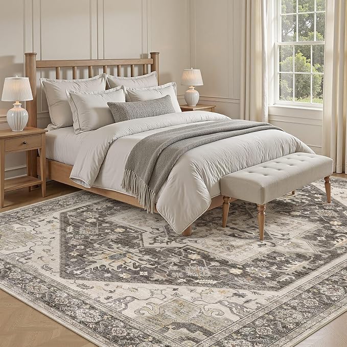 9x12 Area Rugs for Living Room - Large Carpet Ultra Thin Soft Washable Oriental Vintage Floral Distressed Big Indoor Carpets for Bedroom Nursery Dorm Home Decor Aesthetic - Dark Brown