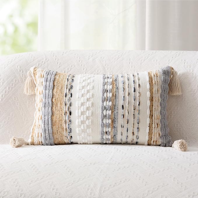 Kevin Textile 14x20 Inch Lumbar Throw Pillow Cover 1 Pack Boho Decorative Soft Chenille Thread Woven Tufted Textured Rectangle Cushion Case Farmhouse Accent for Living Room Couch Sofa Bed, Beige