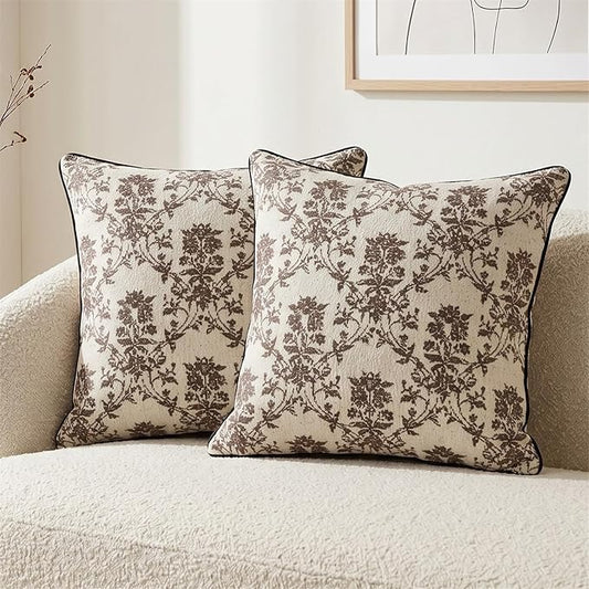 18x18 Inch Vintage Vine Floral Pillow Covers Set of 2, Boho Woven Cushion Cases with Velvet Backing and Corded Piping for Couch Sofa Home Decor, Coffee Brown