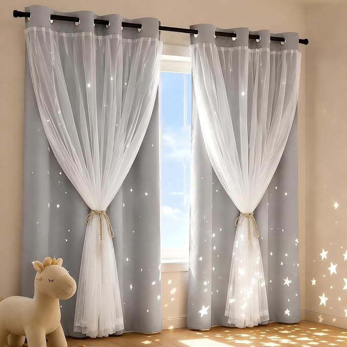 Kids Blackout Curtains for Bedroom/Living Room/Classroom, Sheer Overlay Small 2 Panel Set, Double Layer Curtains with Star Cutout for Kids Room(W 52 x L 36 Inches,Silver Grey 2 PCs)