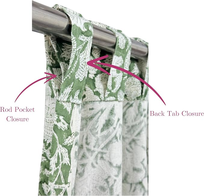 ATOSII 100% Cotton Single Panel Floral Block Print Curtain, Easy Hanging with Rod Pocket & Loop, Living Room, Dining Room, Bedroom Light Filtering Boho Curtains, Set of 1, 60"W X 108"L, Meraki Green