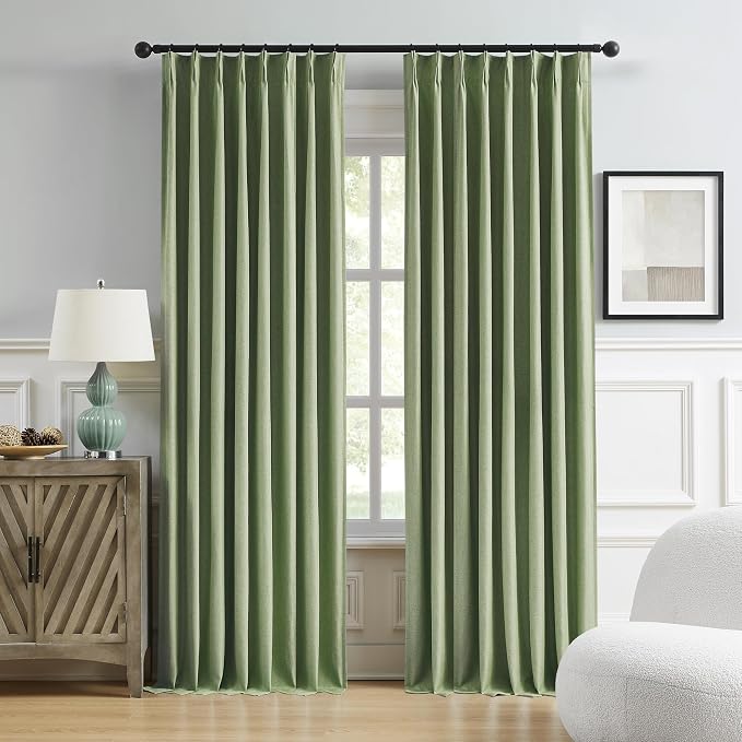 DUALIFE Sage Green Pinch Pleated Blackout Curtains 50 x 95 Inches Long, Back Tab Drapes for Living Room Bedroom Thermal Insulated Full Blackout Draperies with Hooks