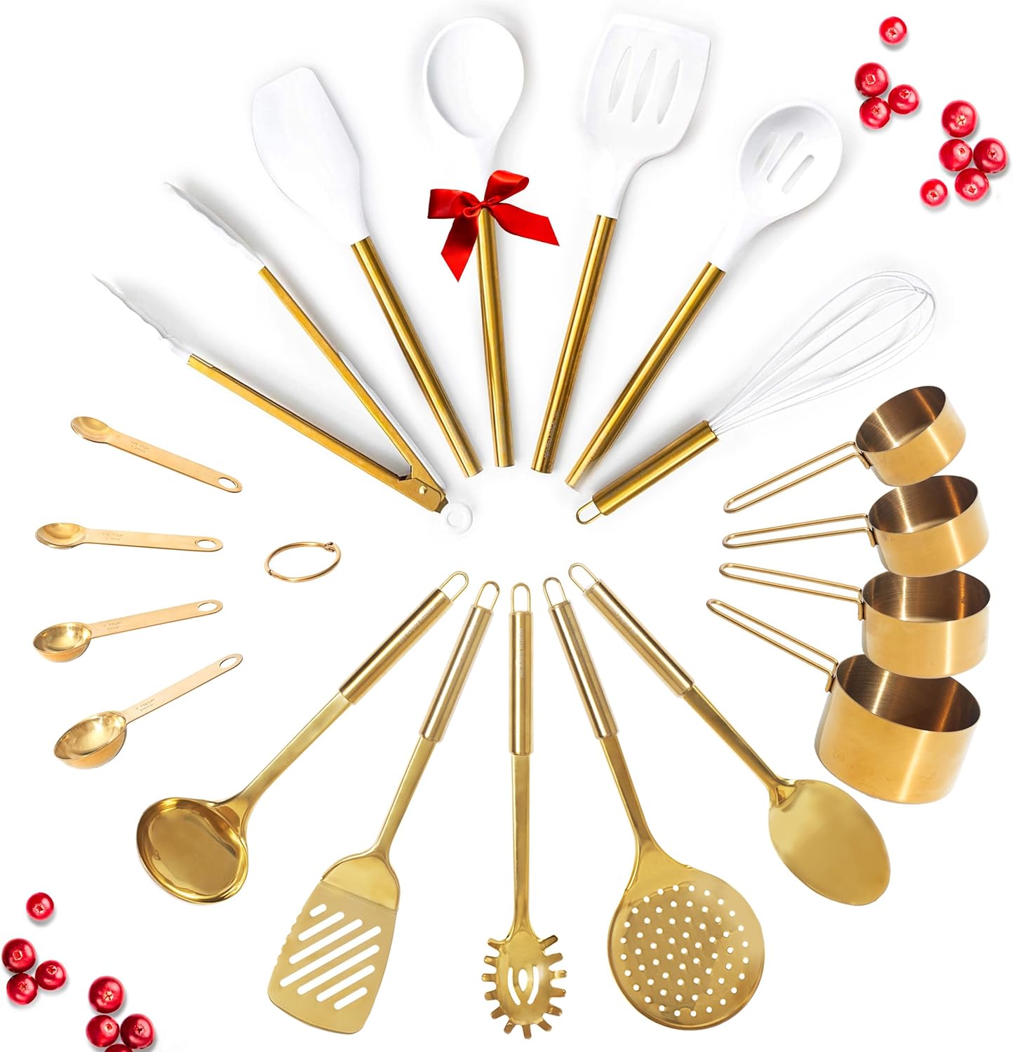 Gold Kitchen Utensils Set - 19-Piece Set Includes Stainless Steel Gold Utensils, White Silicone Tools, and Measuring Cups and Spoons - Luxury Kitchen Accessories for Modern Cooking, Serving, & Gifting
