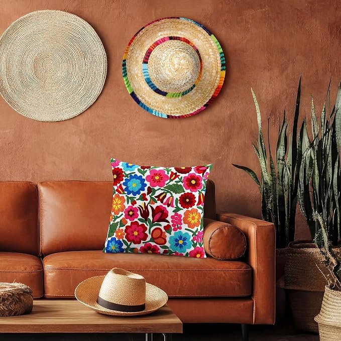 HunnmingRe Mexican Embroidered Throw Pillow with Insert 18 x 18 Inch Mexican Boho Embroidered Pillow Cover Decorative Fiesta Colorful Floral Cushion Decor for Sofa Living Room Couch Bedroom(White)