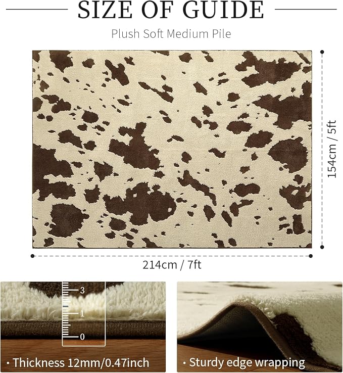 YIHOUSE Cowhide Area Rugs 5×7 Ft, Washable Plush Soft Brown and Cream Cow Rug, Non-Slip High-Low Pile Animal Carpet for Living Room, Bedroom, Dining Room, Nursery, Western Home Decor