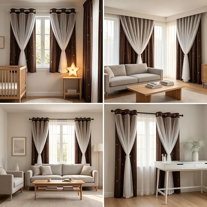 Star Cutout Blackout 95 Inches Curtains Double Layer with Sheer Overly Curtains for Bedroom Thermal Insulated Window Treatment Set with 2 Free Tiebacks (52W x 95L 2 Panels Chocolate)