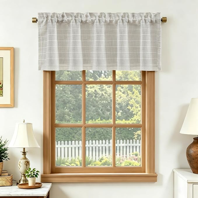 DriftAway Blackout Linen Ticking Striped Curtain Valance 18 Inches Beige | Double Layer Farmhouse Country Rustic Stripe Yarn Dyed Woven Thermal Insulated Rod Pocket Valance for Living Room