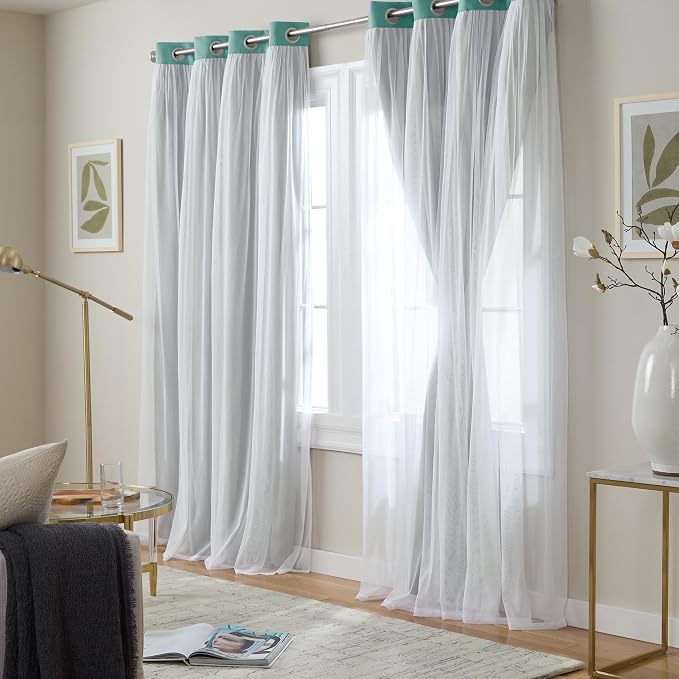 TOWN & COUNTRY LUXE Talia Double Layer Indoor Curtains, Sheer and Room Darkening Blackout, Grommet Top, Energy Efficient, 2-Pack Set, 52"x96", Turquoise