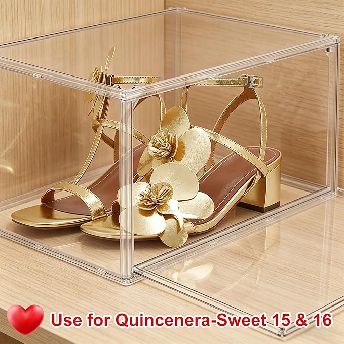 Clear Acrylic Shoe Storage Boxes 12 Pack, Size 14 Stackable Shoe Organizer with Magnetic Door, Space-Saving Sneaker Containers for Closet, Entryway, Transparent Display Case for Boots & Shoes